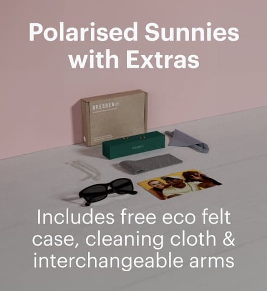 Dresden Vision Australia sunglasses package including felt case, cleaning cloth and interchangeable arms