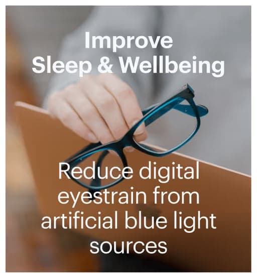 Dresden Vision glasses held while reading highlighting blue light filter lenses for reduced digital eye strain