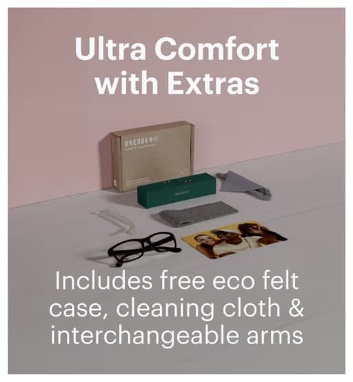 Dresden Vision eyewear bundle with accessories including eco felt case, cleaning cloth and interchangeable arms