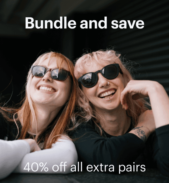 Dresden Vision sunglasses promotion featuring two people wearing stylish frames with bundle savings offer