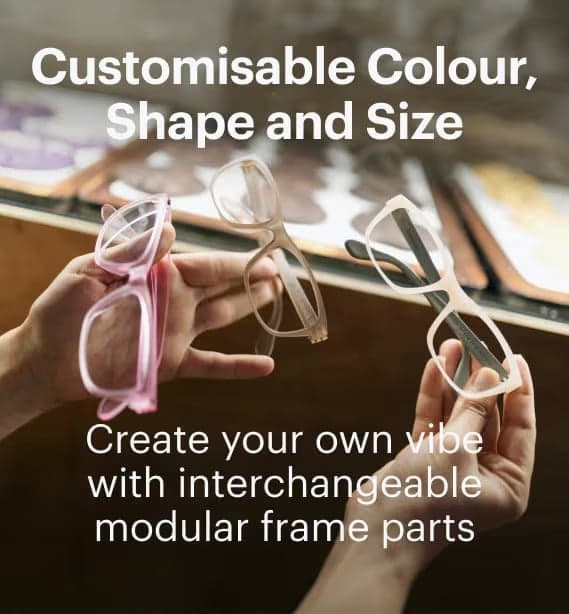 Dresden Vision modular glasses frames in multiple colours highlighting customisable shape, size and interchangeable parts