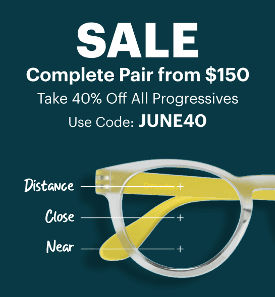 Illustration of Dresden progressive glasses showing distance, close, and near vision zones, promoting Dresden Vision New Zealand progressive eyewear.