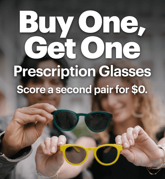 Two people holding colourful Dresden Vision prescription sunglasses in front of the camera. Promotional banner advertising Dresden Vision Canada's Buy One, Get One offer on prescription glasses, with a second pair available for $0.