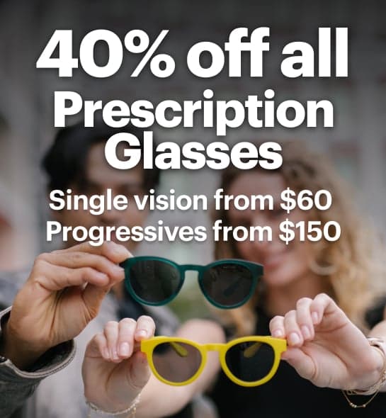 Dresden Vision New Zealand promotional banner showing two people holding colourful prescription sunglasses with text reading "40% off all Prescription Glasses", "Single vision from $60" and "Progressives from $150".