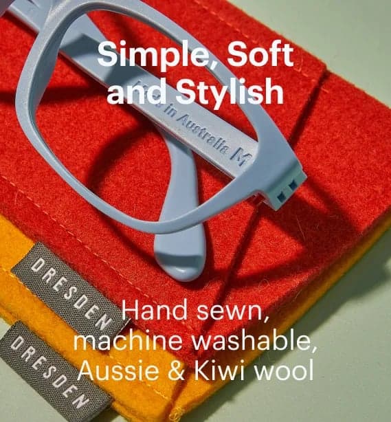 Dresden Vision Canada wool felt eyewear case with glasses highlighting durable, machine washable and compact protection