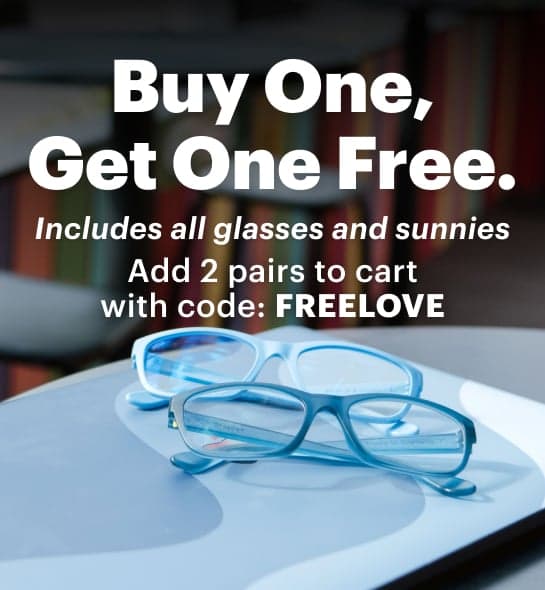 Dresden Vision Valentine’s Day sale banner featuring a 'Buy One, Get One Free' offer on frames and progressives.