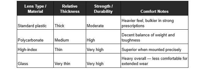 The table provides a comparison of four eyeglass lens types by their Relative Thickness, Strength/Durability, and Comfort Notes.