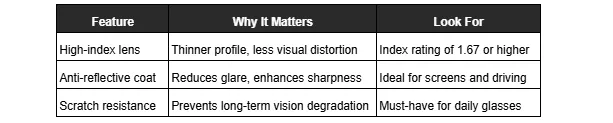 Table detailing eyeglass lens features like high-index, anti-reflective, and scratch resistance, explaining their benefits and what to look for.